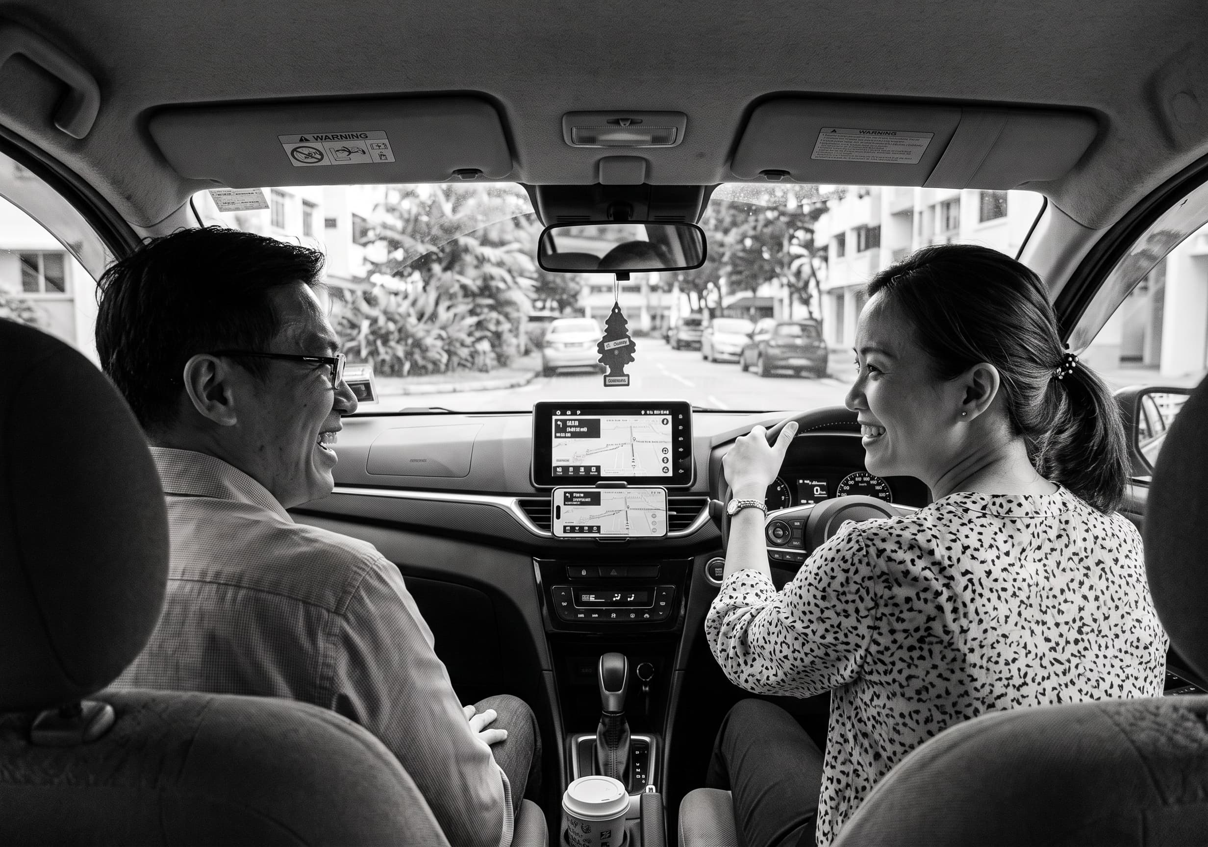 A driver and neighbours carpooling together on a morning commute